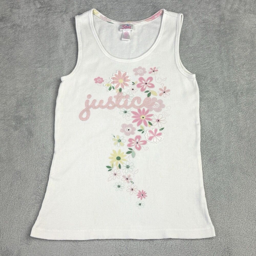 Vintage Y2K Justice Ribbed Tank Girl M White Graphic Floral Logo Bling Kawaii